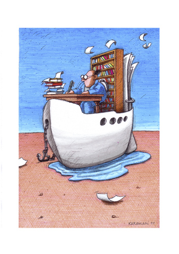 Cartoon: Volle Fahrt voraus. (medium) by Mehmet Karaman tagged literatur,schriftsteller,bücher,lesen,schiff