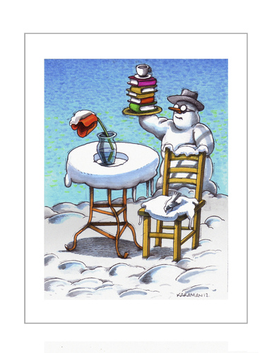 Cartoon: Wintertagebuch (medium) by Mehmet Karaman tagged wintertagebuch,schneemann,tulpe,tisch,schneelandschaft,bücher