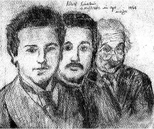 Cartoon: Einstein young-middle-aged-old (medium) by cindyteres tagged scientist,inventor,researcher,einstein,black,and,white,charcoal,sketch,drawing