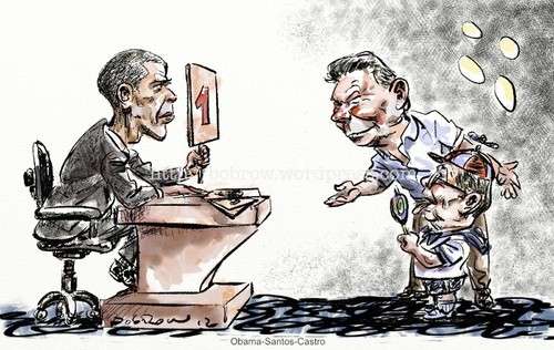 Cartoon: Cuba banned from the Summit (medium) by Bob Row tagged ammericassummit,obama,santos,castro