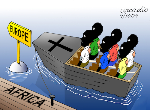 Cartoon: Dangerous immigration. (medium) by Cartoonarcadio tagged immigrations,poverty,africa,europe