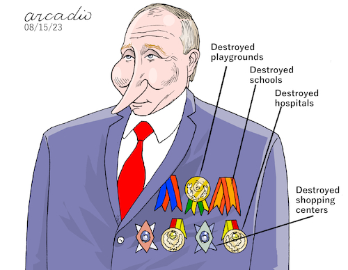 Cartoon: Putin s medals. (medium) by Cartoonarcadio tagged putin,war,ukraine,russia