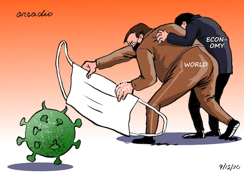 Cartoon: Society economy and Covid 19 (medium) by Cartoonarcadio tagged pandemic,masks,covid,19