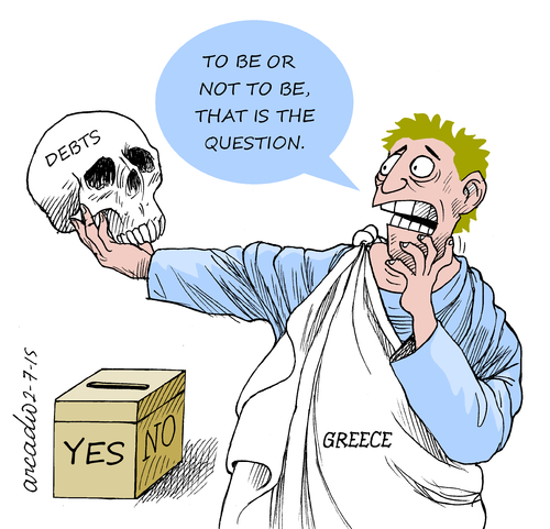 Cartoon: To be or not to be. (medium) by Cartoonarcadio tagged greece,germany,economy,crisis,merkel,tsipras,euro,finance,europe,to,be