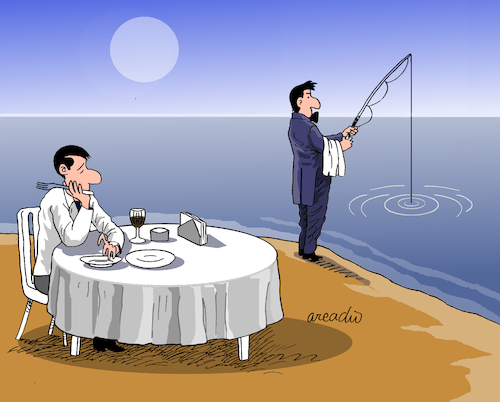 Cartoon: Waiting for fresh food. (medium) by Cartoonarcadio tagged humor,fishing,restaurant,food