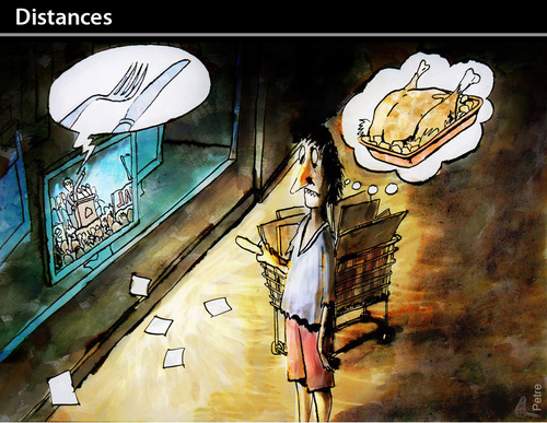 Cartoon: Distances (medium) by PETRE tagged economy,speechs,facts,map,territory