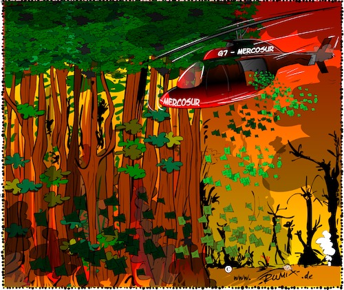 Cartoon: Der Regenwald brennt (medium) by Trumix tagged millionenhilfe,regenwald,amazonas,g7,mercosur,waldbraende,millionenhilfe,regenwald,amazonas,g7,mercosur,waldbraende
