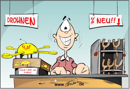 Cartoon: Drohnen und Friends (medium) by Trumix tagged drohnen,überwachung,steinschleuder,abwehr,verbot,drohnen,überwachung,steinschleuder,abwehr,verbot