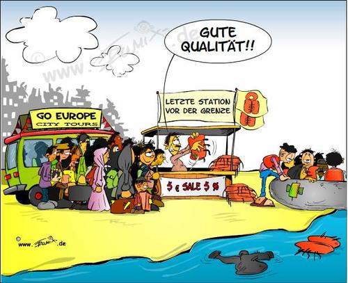 Cartoon: Flüchltinge Ein Wachstumsmarkt (medium) by Trumix tagged refugees,flüchtlinge,deutschland,ziel,trummix,integration,schlepper,geld,refugees,flüchtlinge,deutschland,ziel,trummix,integration,schlepper,geld,tourismus,grenze,boot,bus