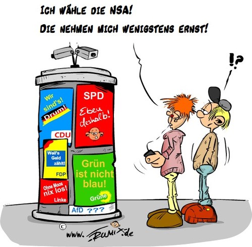 Cartoon: Wählen aber richtig (medium) by Trumix tagged wahl,bundestag,nsa,bespitzelung,cdu,fdp,grüne,linke,trummix