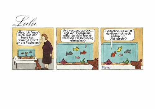 Cartoon: Lulu schaut Fischen zu (medium) by Ines Plate tagged fische,hund,aquarium,gymnastik,sport,wasser,abfluß,unsportlich