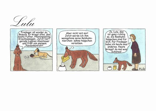Cartoon: Lulu und Fredegars Futter (medium) by Ines Plate tagged futter,fressen,hunde,hund,hundefutter,eifersucht