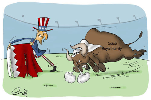 Cartoon: Bullfighting in Bahrain (medium) by shoorabad tagged saudi,crime,usa,bullfighting