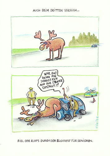 Cartoon: elchtest (medium) by Petra Kaster tagged auatos,verkehr,senioren,alter,elche,fahrtüchtigkeit,fahrprüfung,polizei,verkehrskontrollen,auatos,verkehr,senioren,alter,elche,fahrtüchtigkeit,fahrprüfung,polizei,verkehrskontrollen