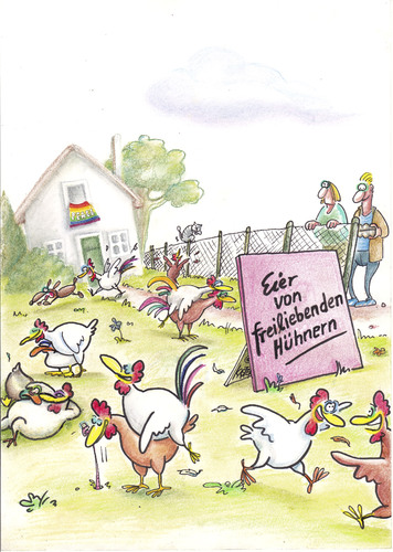 Cartoon: liebeseier (medium) by Petra Kaster tagged hühner,ostern,eier,ökologie,bioeier,erotik,liebe,freilandhühner,eier,ostern,hühner,freilandhühner,liebe,sex,erotik,bioeier,ökologie