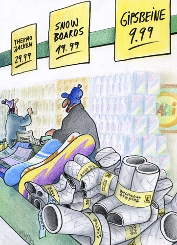 Cartoon: made in china (medium) by Petra Kaster tagged sport,wintersport,discounter,china,krankenkassen,kassenpatient,gesundheitsreform,unfall,gesundheit,gips,schnee