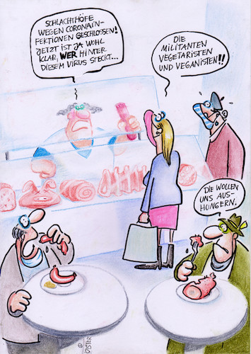 Cartoon: vegetaristen (medium) by Petra Kaster tagged corona,virus,pandemie,gesundheit,medizin,panik,ansteckung,verschwörungstheorien,schuldige,metzger,fleisch,metzgereien,wurst,vegetarier,veganer,kunden,fleischkonsum,essverhalten,konsum,schlachtereien,quarantäne,corona,virus,pandemie,gesundheit,medizin,panik,ansteckung,verschwörungstheorien,schuldige,metzger,fleisch,metzgereien,wurst,vegetarier,veganer,kunden,fleischkonsum,essverhalten,konsum,schlachtereien,quarantäne