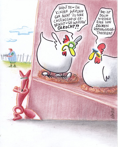 Cartoon: verschwörungstheorie (medium) by Petra Kaster tagged ostern,hühner,verschwörungstheorien,eier,füchse,eltern,kinder,ostern,hühner,verschwörungstheorien,eier,füchse,eltern,kinder
