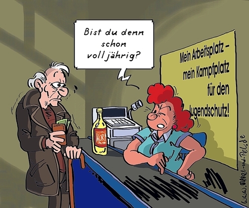 Cartoon: Jugendschutz geht uns alle an! (medium) by Marcel und Pel tagged umerziehung,bevormundung,entmündigung,hysterie,verbotsolympiade,verbote,alkoholverbot,alkohol,jugendschutz,kasse,supermarkt,supermarkt,kasse,jugendschutz,alkohol,alkoholverbot,verbote,volljährigkeit,bevormundung