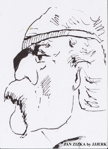Cartoon: Jan Zizka (medium) by jjjerk tagged jan,zizka,hussite,tank,cartoon,caricature,mustache,patch,sigismund,holy,roman,emperor