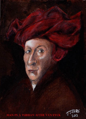 Cartoon: Man in a Turban (medium) by jjjerk tagged man,in,red,turban,after,van,eyck,cartoon,caricature,profile,famous,masterpiece,painting
