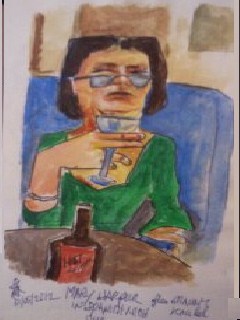 Cartoon: Mary having a glass of wine (medium) by jjjerk tagged mary,cartoon,caricature,portrait,green,bottle,glasses