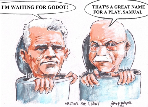 Cartoon: Waiting for Godot (medium) by jjjerk tagged waiting,for,godot,endgame,samuel,beckett,cartoon,harpur,james,caricature,famous,bin,bins