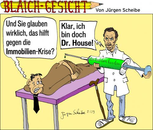 Cartoon: Dr. House (medium) by Scheibe tagged dr,house,hugh,laurie,immobilien,krise,crisis,arzt,spritze