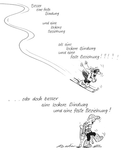 Cartoon: Eine feste Bindung (medium) by Michael Becker tagged zeichnung,illustration,skiläufer,alpin,abfahrt,beziehung,gips,krücken
