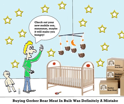 Cartoon: Bulk Buying Mishap (medium) by hovermansion tagged bulk,buying,bear,head,mobile,nursery,baby,food