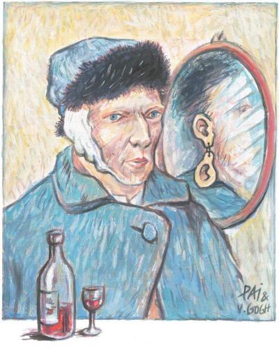 Cartoon: after van gogh (medium) by penapai tagged drink,van gogh,künstler,gemälde,selbstportrait,ohr,ohrring,abschneiden,schmuck