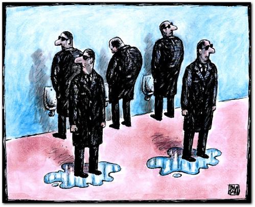 Cartoon: bodyguards 1 (medium) by penapai tagged big,chief,,toilette,bad,badezimmer waschraum,klo,wc,pinkeln,urinieren,geschäft,mann,bodyguard,leibwache,schutz,türsteher,einpinkeln,sicherheit,bewachen