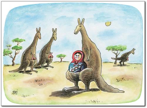 Cartoon: cache (medium) by penapai tagged kangaroo,matryoshka,,matroschka,souvenir,känguru,australien,tiere,baby,nachwuchs,kind,eltern,puppe,außenseiter,familie