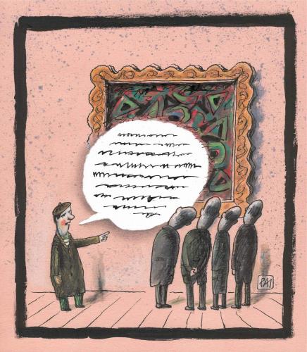 Cartoon: criticism (medium) by penapai tagged paintind,,kunst,künstler,maler,gemälde,atelier,galerie,austellung,erklären,kritik,abstrakt,zutexten,rede,verdecken,davor