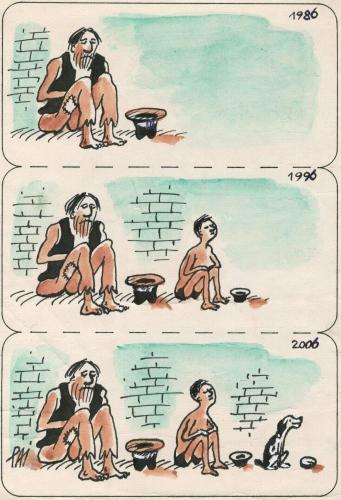 Cartoon: evolution (medium) by penapai tagged poverty,evolution,bettler,armut,obdachloser,penner,betteln,erwachsener,kind,hund,entwicklung,vererbung,gleichheit,wiederholung