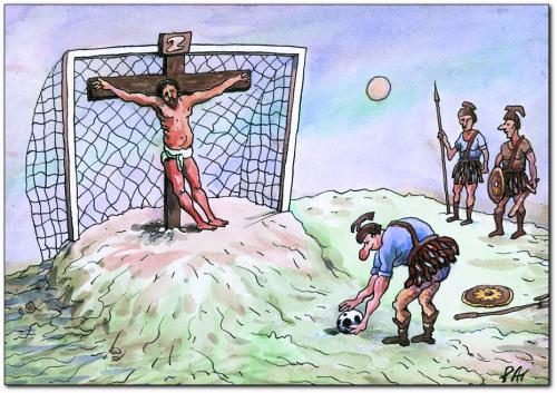 Cartoon: football (medium) by penapai tagged sport,jesus,römer,torwart,kreuzigung,spiel,religion,mobbing