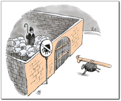 Cartoon: forbid (medium) by penapai tagged black,sheep,,rammbock,bock,schaf,weiß,schwarz,schwarzes schaf,zutritt,verbot,herde,hirte,außenseiter,zugehörigkeit,gesellschaft