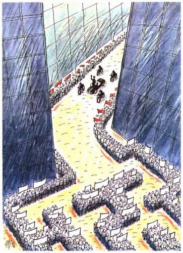 Cartoon: labyrint (medium) by penapai tagged demonstration,head,chief,staatsbesuch,politiker,fans,publikum,demonstration,aufstand,irrgarten,chaos,labyrinth,empfang,begrüßung