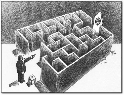 Cartoon: labyrint way (medium) by penapai tagged bullet,cartridge,labyrinth,ziel,schiessen,pistole,gewehr,kugel,patrone,weg,finden,treffen,schütze,waffe,schuss
