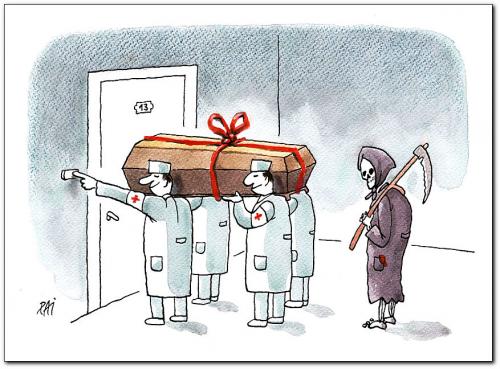Cartoon: present (medium) by penapai tagged doctor,sarg,tod,sterben,sensenmann,geschenk,doktor,arzt,abholen,klingeln,zeit