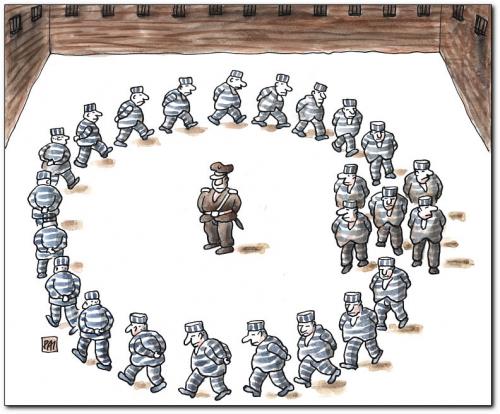 Cartoon: protection 2 (medium) by penapai tagged bodyguards,gefängnis,knast,gefangene,kriminalität,aufseher,hof,runde,laufen,freizeit,sicherheit,bodyguard,schutz