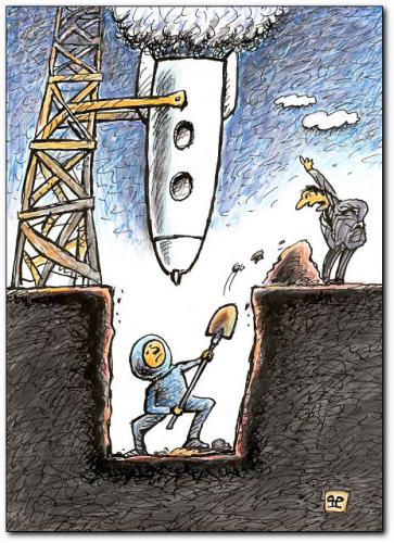 Cartoon: space rocket (medium) by penapai tagged space,cosmonaut,rakete,astronaut,raumfahrt,start,nasa,buddeln,graben,loch,grube,zeit,druck,gefahr