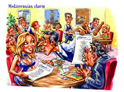 Cartoon: Mediterranean charm (medium) by Paul Cemmick tagged italian,date,dinner,dining,out,charm,mediterranean
