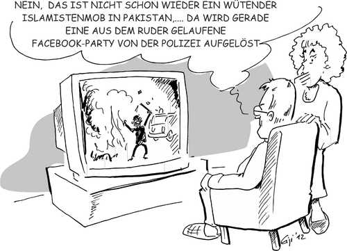 Cartoon: Facebookparty (medium) by eisi tagged facebook,party,strassenschlacht,mob,tv,islamisten,krawalle