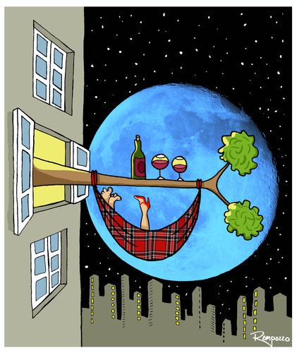 Cartoon: Blue Moon (medium) by Marcelo Rampazzo tagged blue,moon,wine,love,stadt,city,liebe,hängen,hängematte,romantik,romantisch,date,partnerschaft,beziehung,sex