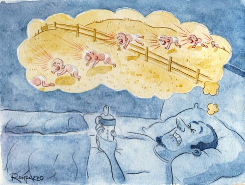 Cartoon: Dads dream (medium) by Marcelo Rampazzo tagged dad,dream,baby,cry,sleep,dad,dream,baby,cry,sleep