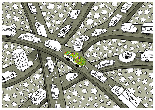 Cartoon: Ecocar (medium) by Marcelo Rampazzo tagged ecocar,stadt,city,verkehr,klima,klimawandel,globale erwärmung,autobahn,autos,auto,stau,natur,umwelt,globale,erwärmung