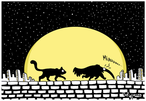 Cartoon: Miauuuuu (medium) by Marcelo Rampazzo tagged biodiversity,nature,preservation,ecology,illustration,tiere,nasenbär,katze,stadt