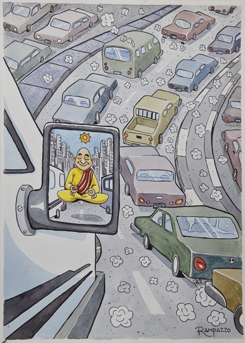 Cartoon: Traffic (medium) by Marcelo Rampazzo tagged traffic,cars,verkehr,straßenverkehr,umwelt,natur,umweltverschmutzung,wiese,straßen,bau,bauen,ausbreitung,zerstörung,umweltschutz,naturschutz,buddha,stress,stau,wut