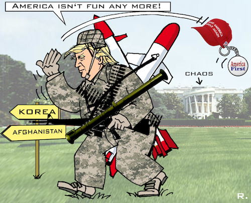 Cartoon: Donald marches into war (medium) by RachelGold tagged usa,korea,afghanistan,donald,trump,war,warplans,chaos,white,house
